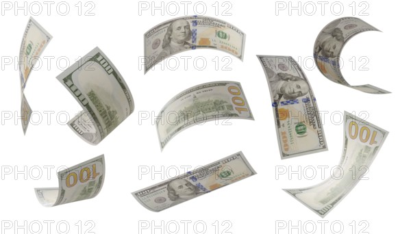 Build your own 2 (of 3) - randomly falling collection of U.S. 100 dollar bills isolated on a white