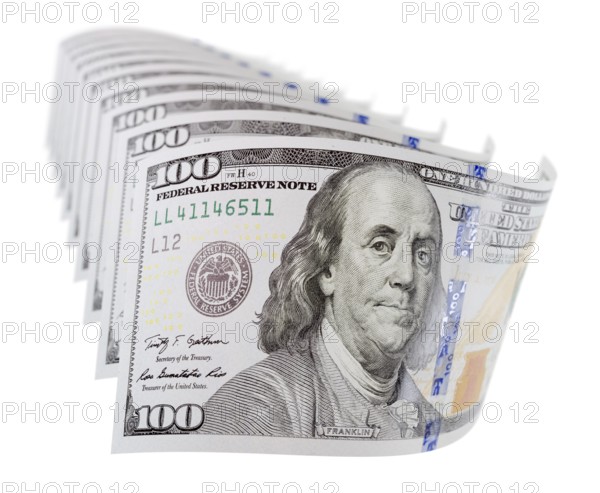 Abstract set of U.S. 100 dollar bills isolated on a white background