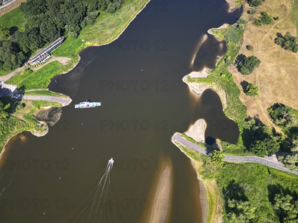 DefaultAerial view, Elbe, yaw ferry, shipping, reed bed, ferry connection, ferry, foggy mood,