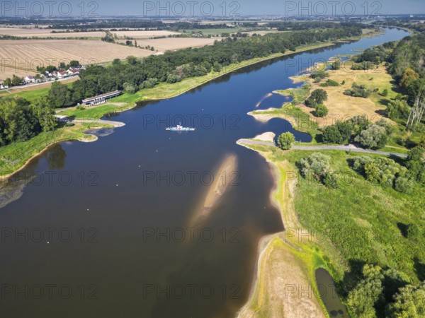 Aerial view, Elbe, yaw ferry, shipping, reed bed, ferry connection, ferry, foggy mood, sunrise,