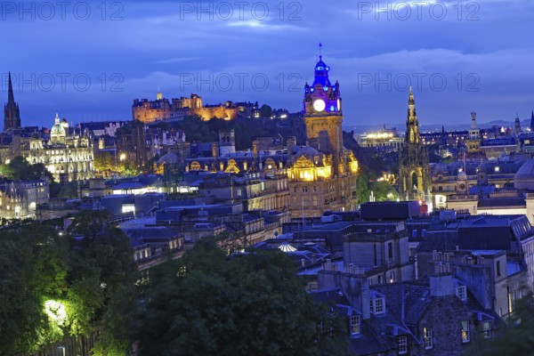 Edinburgh at dusk with illuminated landmarks and a vibrant skyline, Old Town, Calton Hill,