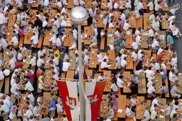 View from the tower of St John's Church of the annual well-attended town festival, crowded visitors