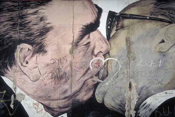 Artwork shows Leonid Brezhnev and Erich Honecker kissing, painting was created in 1990 at the