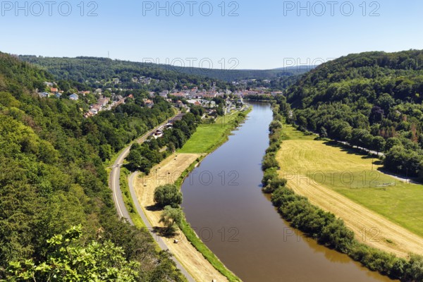 View of the Weser from the Skywalk towards Bad Karlshafen, Beverungen, Höxter, East Westphalia,
