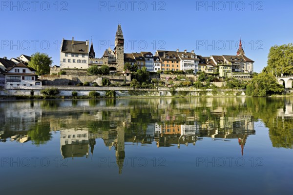 Old town with the tower of the Muri- Amthof, in the foreground the river Reuss, Bremgarten,