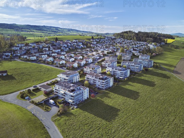 View of the village with the neighbourhood Freudenberg and Brunnenweid, Sins, Freiamt, Canton,