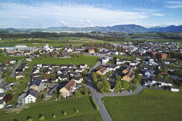 View of the village with the neighbourhood Oberdorf and the catholic parish church Mariä Geburt,