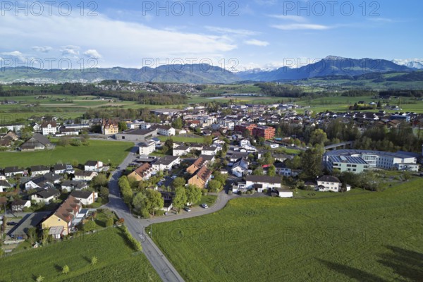 View of the village with the neighbourhood Oberdorf and the catholic parish church Mariä Geburt, in