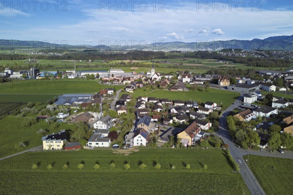 View of the village with the neighbourhood Oberdorf and the catholic parish church Mariä Geburt,