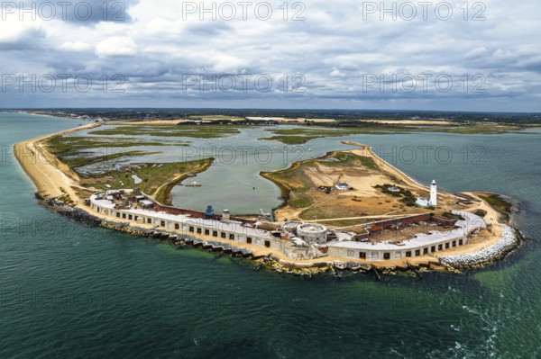 Hurst Point Lighthouse and Hurst Castle from drone over Hurst Spit, Milford on Sea, Lymington,