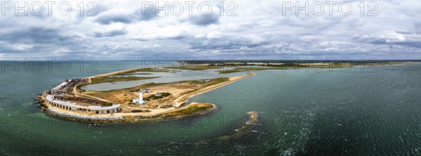 Panorama of Hurst Point Lighthouse and Hurst Castle from drone over Hurst Spit, Milford on Sea,