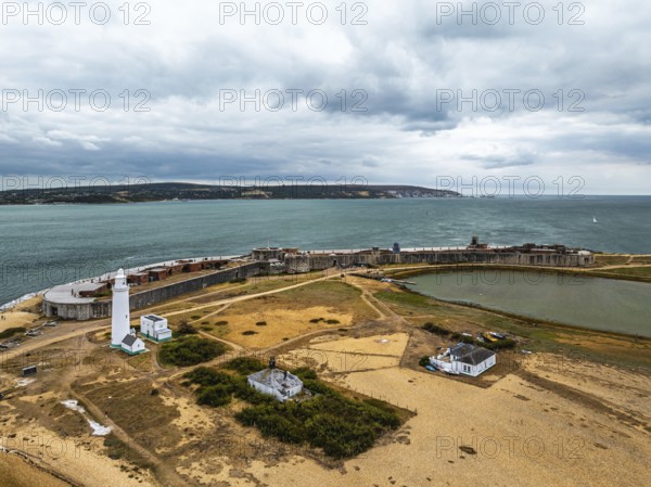 Hurst Point Lighthouse and Hurst Castle from drone over Hurst Spit, Milford on Sea, Lymington,