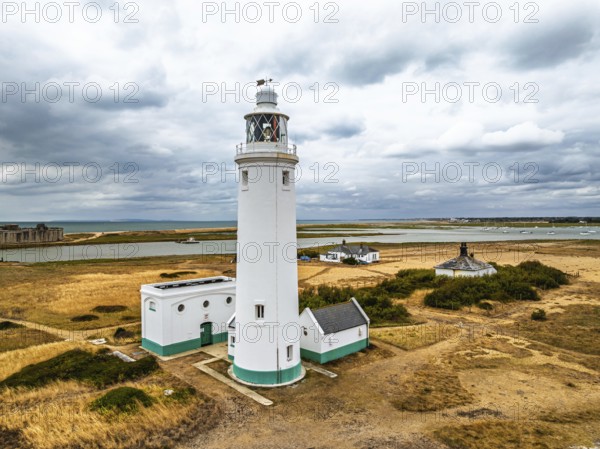 Hurst Point Lighthouse and Hurst Castle from drone over Hurst Spit, Milford on Sea, Lymington,
