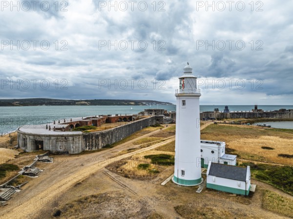 Hurst Point Lighthouse and Hurst Castle from drone over Hurst Spit, Milford on Sea, Lymington,