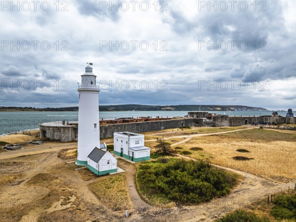 Hurst Point Lighthouse and Hurst Castle from drone over Hurst Spit, Milford on Sea, Lymington,