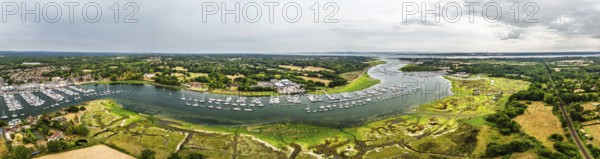 Panorama of River Hamble and Swanwick Marina from drone, Swanwick, Southampton, Hampshire, England,
