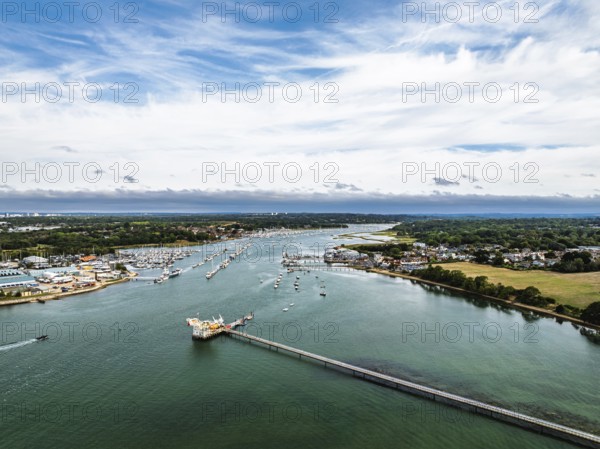 River Hamble over Warsash Maritime Academy Pier from drone, Hamble-le-Rice, Warsash, Southampton