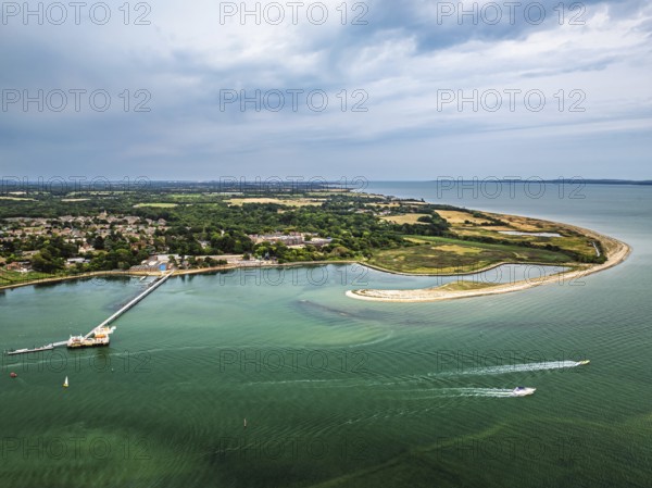 River Hamble over Warsash Maritime Academy Pier from drone, Hamble-le-Rice, Warsash, Southampton
