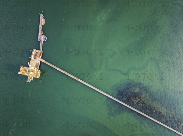 Top Down over Warsash Maritime Academy Pier and River Hamble from drone, Hamble-le-Rice, Warsash,