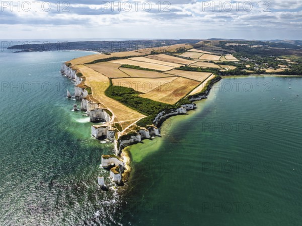 White Cliffs of Old Harry Rocks Jurassic Coast from a drone, Handfast Point, Dorset Coast, Poole,