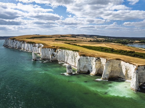 White Cliffs of Old Harry Rocks Jurassic Coast from a drone, Handfast Point, Dorset Coast, Poole,