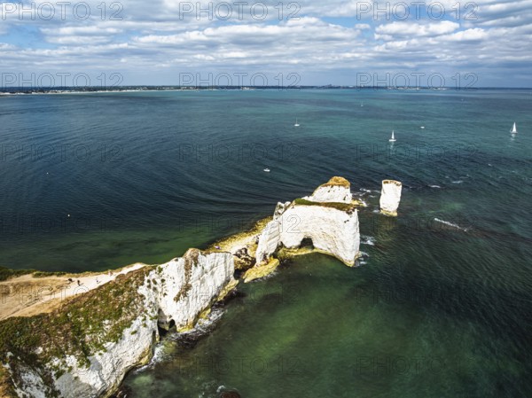 White Cliffs of Old Harry Rocks Jurassic Coast from a drone, Handfast Point, Dorset Coast, Poole,