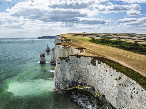 White Cliffs of Old Harry Rocks Jurassic Coast from a drone, Handfast Point, Dorset Coast, Poole,