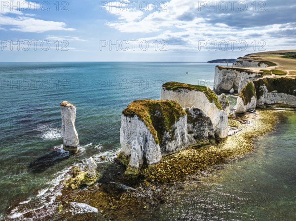 White Cliffs of Old Harry Rocks Jurassic Coast from a drone, Handfast Point, Dorset Coast, Poole,