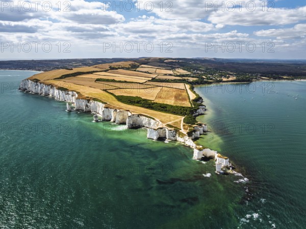 White Cliffs of Old Harry Rocks Jurassic Coast from a drone, Handfast Point, Dorset Coast, Poole,
