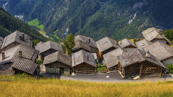 Wooden shingle roofs in the historic centre of Chandolin, Val d'Anniviers, Valais Alps, Canton
