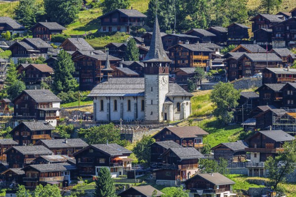 The mountain village of Ayer, Saint Anna church, Val d'Anniviers, Valais Alps, Canton Valais,