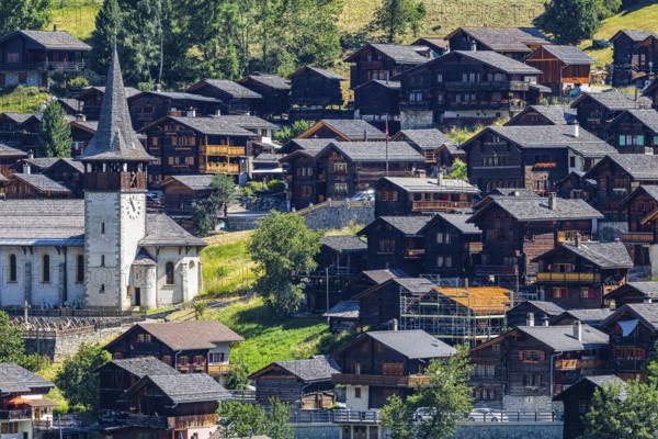 The mountain village of Ayer, Saint Anna church, Val d'Anniviers, Valais Alps, Canton Valais,