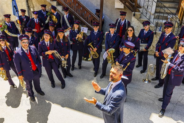 The brass band Echo des Alpes plays at the musicians' meeting in Mission, Val d'Anniviers, Valais