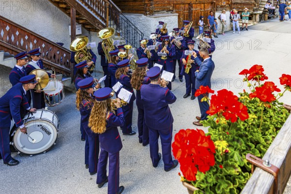 The brass band Echo des Alpes plays at the musicians' meeting in Mission, Val d'Anniviers, Valais