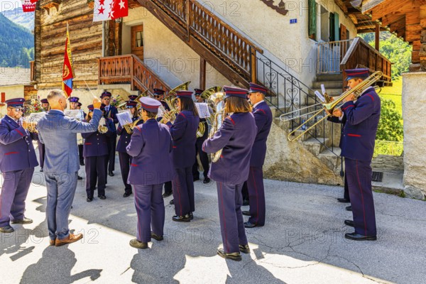 The brass band Echo des Alpes plays at the musicians' meeting in Mission, Val d'Anniviers, Valais