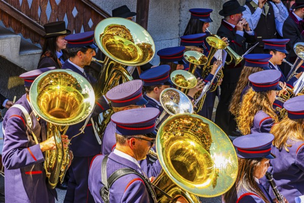 The brass band Echo des Alpes plays at the musicians' meeting in Mission, Val d'Anniviers, Valais