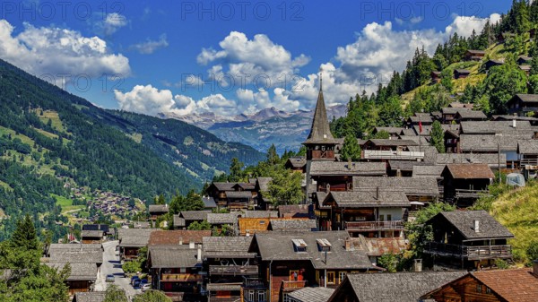 The mountain village of Ayer with the church of Saint Anna, drone image, Val d'Anniviers, Valais