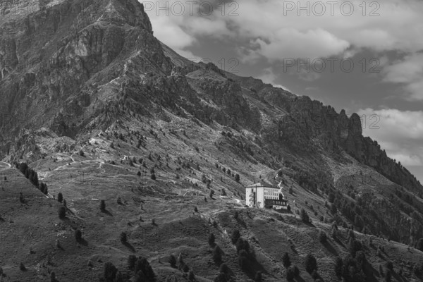 The historic Hotel Weisshorn, black and white photograph, below the Weisshorn mountain, Val