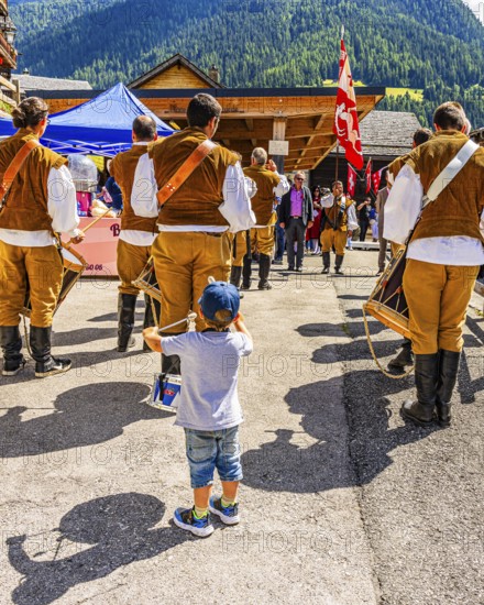 Drummers' and pipers' meeting in Mission, here a boy as a young drummer, Val d'Anniviers, Valais