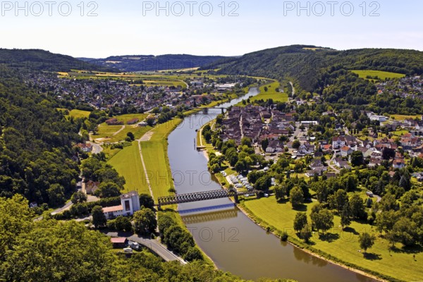 Elevated view of the river Weser and the town of Bodenwerder, birthplace of Münchhausen,