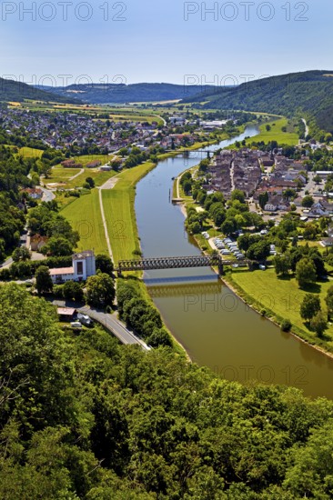 Elevated view of the river Weser and the town of Bodenwerder, birthplace of Münchhausen,