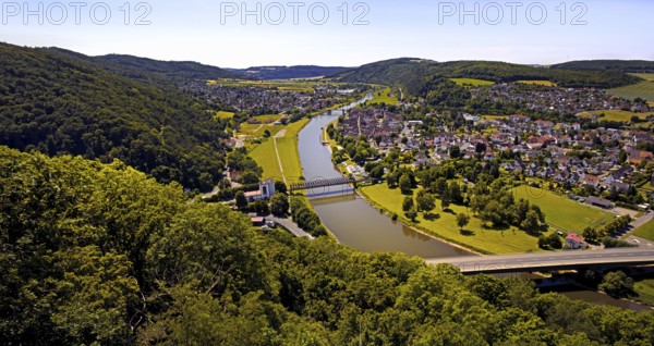 Elevated view of the river Weser and the town of Bodenwerder, birthplace of Münchhausen,