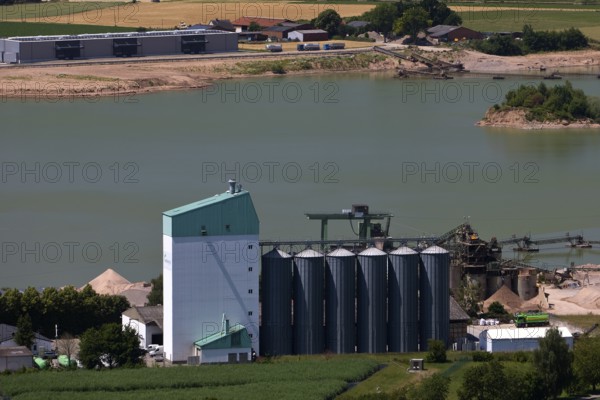 Elevated view of the Ernst Müller GmbH & Co KG gravel works from Eckberg, Bodenwerder,