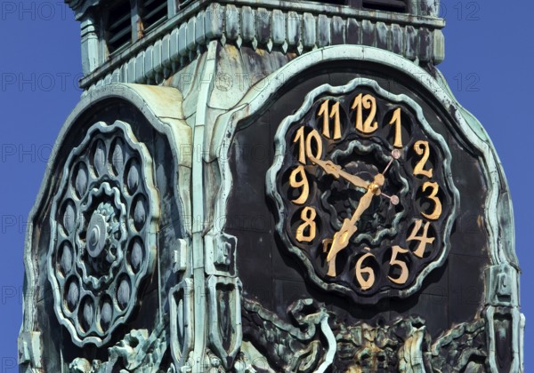 Detail of the clock tower, Sprudelhof, an important spa complex built between 1905 and 1911 in Art