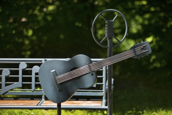 Elvis bench with guitar and microphone, Elvis Presley lived in Bad Nauheim, Hesse, Germany during