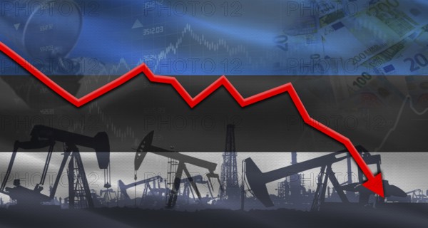 Fall oil price with flag of Estonia on economic chart, Petrol crisis with Estonia flag on financial