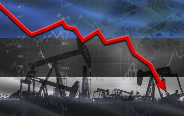 Petrol crisis with Estonia flag on financial graph. Fall oil price with flag of Estonia on economic