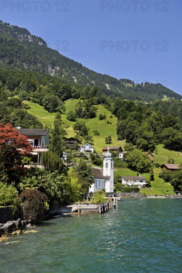 View of the village with the Roman Catholic Church of St Idda, Lake Lucerne in the background,