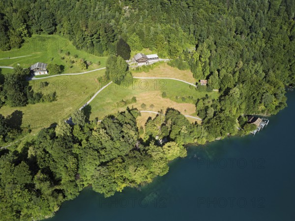 Rütli meadow, Grütli Museum and the Rütli House, Restaurant from above, Lake Lucerne, Rütli,
