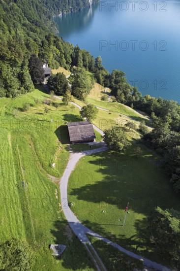 Rütli meadow, Grütli Museum and the Rütli House, Restaurant from above, Lake Lucerne, Rütli,